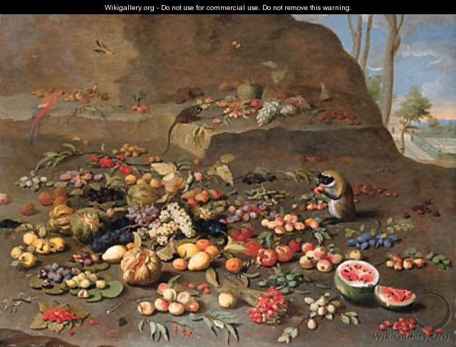 Apples, peaches, oranges, melons, pomegranates, plums, cherries, figs, grapes, pears, a water melon and other fruit on a hillside with monkeys - Jan van Kessel