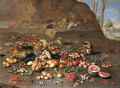 Apples, peaches, oranges, melons, pomegranates, plums, cherries, figs, grapes, pears, a water melon and other fruit on a hillside with monkeys - Jan van Kessel