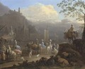 An elegant company of travellers by a harbour, with figures in the foreground, cattle and sheep beyond - Jan Baptist van der Meiren