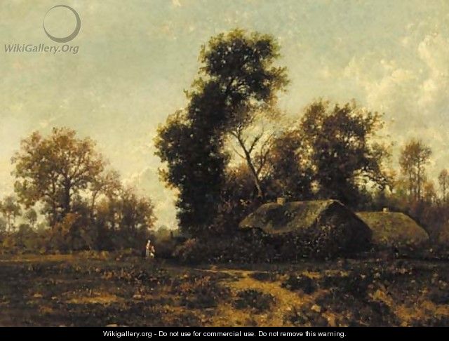 Figures in a wooded landscape by cottages - Jean Alexis Achard