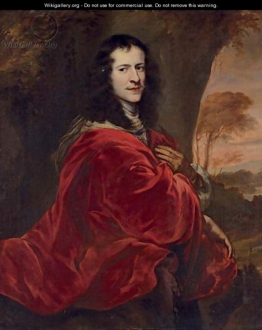 Portrait of a gentleman, three-quarter-length, in a red cloak, before a landscape - Jurgen Ovens