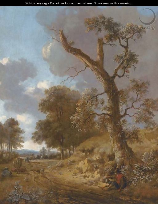 An extensive wooded landscape with a herdsman resting by a tree and hunters on a path in the distance - Jan Wynants