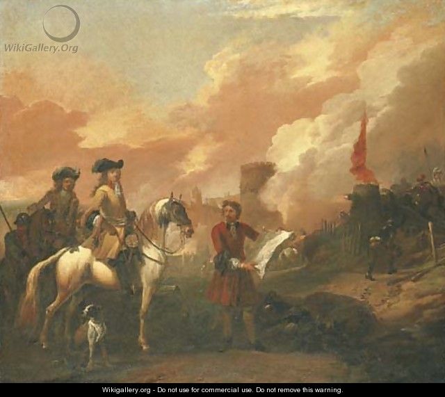 Two cavalry officers surveying the bombardment of a castle - Jan Wyck