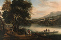 A river landscape with an elegant couple on horseback by a ferry, a fortress and town beyond - Jan Wyck