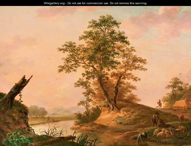 A river landscape with shepherds watering their flock - Jan Willem Surmont
