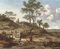 A hilly landscape with a huntsman and a falconer resting by a gate and other huntsmen on a path - Jan Wijnants