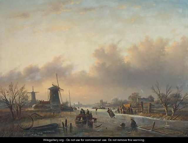 Skaters on a Dutch waterway before windmills at dusk - Jan Jacob Spohler