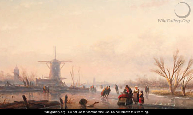 A winter landscape with skaters and horse-drawn sledge by windmill on frozen river - Jan Jacob Spohler