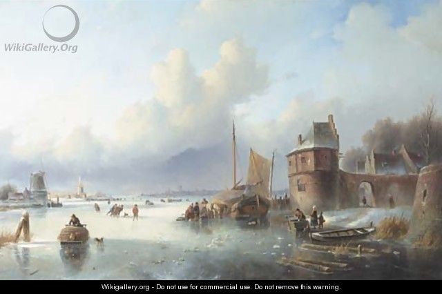 A winter landscape with numerous skaters on a frozen waterway, Dordrecht in the distance - Jan Jacob Spohler