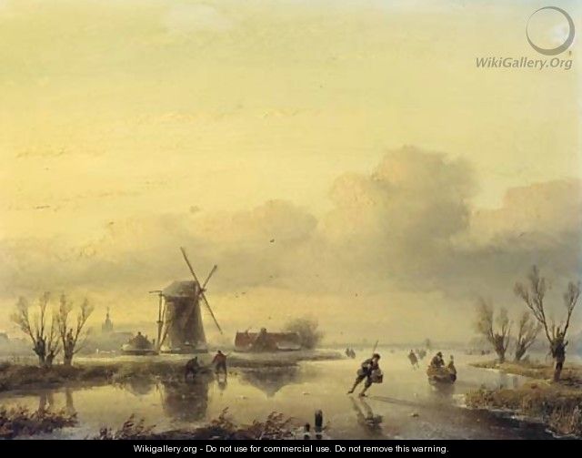 A winter landscape with figures on a frozen waterway - Jan Jacob Spohler