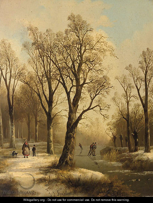 A forest in winter with skaters on a frozen waterway - Jan Jacob Spohler