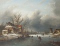 Skaters on a frozen river, a town in the distance - Jan Jacob Coenraad Spohler