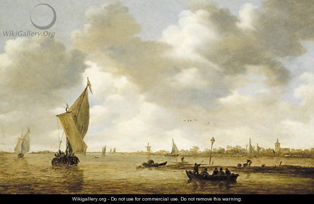 An estuary with passengers in a ferry, a kaag and other shipping by a mudflat, a village beyond - Jan van Goyen