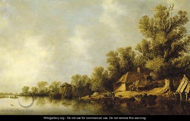 A wooded river landscape with fisherfolk and peasants by a cottage - Jan van Goyen