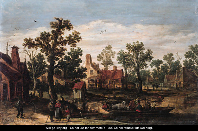 A village by a river with peasants and cattle on a ferry setting out from a landing stage, in summer - Jan van Goyen
