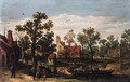 A village by a river with peasants and cattle on a ferry setting out from a landing stage, in summer - Jan van Goyen