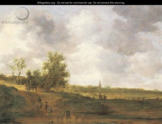A rural landscape with peasants and a drover by a track, a village beyond 2 - Jan van Goyen