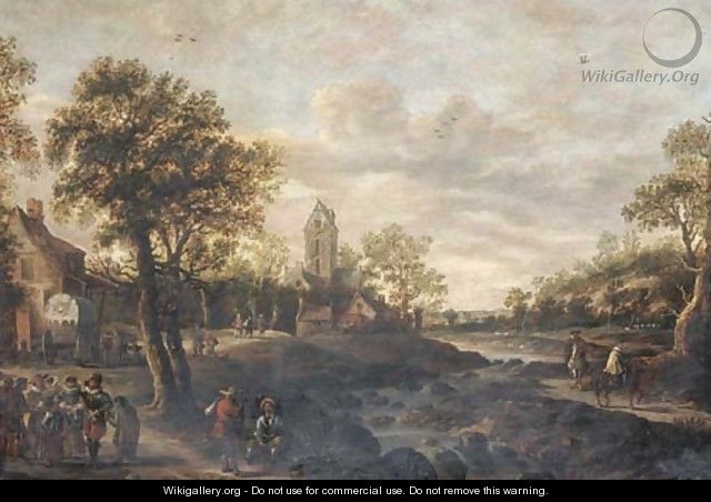A river landscape with travellers approaching a village - Jan van Goyen