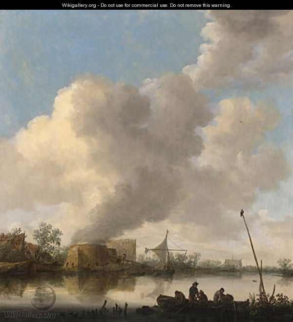 A river landscape with fishermen in a rowing boat, a lime kilm, farmhouses and a church beyond - Jan van Goyen