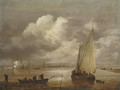A river landscape with fishermen drawing in their nets and a town beyond - Jan van Goyen