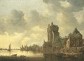 A river landscape with cows watering by a fortified tower - Jan van Goyen