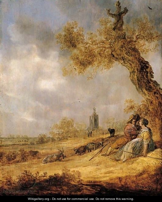 A landscape with a shepherd and shepherdess, a church beyond - Jan van Goyen