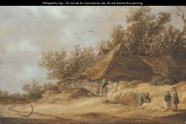 A dune landscape with peasants conversing by a farm and others standing by a dead boar on a sandy road - Jan van Goyen