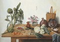Cauliflower, onions, peaches, cherries, artichokes, roses in a glass vase, a jug, a basket with carrots, cabbages and eggs with a blue cloth - Jan Jozef, the Younger Horemans