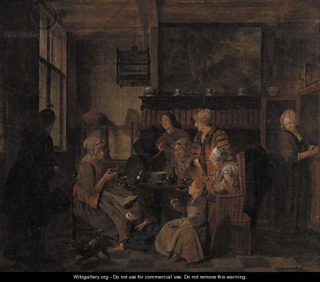 A family drinking tea at table in an interior - Jan Jozef, the Younger Horemans