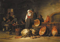 A couple standing by pots and pans in a stable, boors smoking and drinking at tables beyond - Jan Jansz. Van Buesem