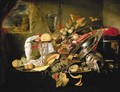 A silver tazza and a basket laden with fruit, silver platters with fruit and a partly peeled lemon, an overturned silver flagon - Jan Jansz de Heem