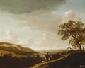 An extensive river landscape with an elegant couple halted on a track - Jan Looten