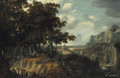 A wooded landscape with sportsmen returning from the hunt, a castle in a gorge beyond - Jan Looten