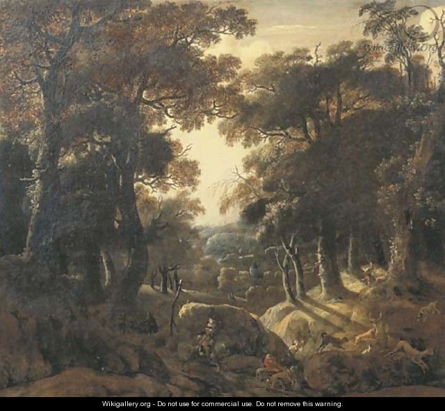 A wooded landscape at dawn with a stag hunt - Jan Looten