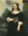 Portrait of a Lady, three-quarter-length, in a black dress with a white lace collar and cuffs, a fan in her right hand, a garden beyond - Jan Lievens