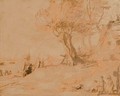 Personnages sous un arbre au bord de l'eau, une chaumiere sur la droite - Jan Lievens