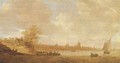A cattle ferry and other shipping on the river Rhine, with the city of Arnhem beyond - Jan van Goyen