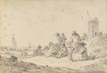 Figures seated among dunes, a tower to the right, ships drawn up on the beach beyond - Jan van Goyen