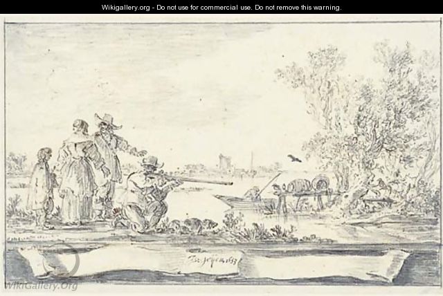 Elegant company shooting birds in an estuary Design for a title-page - Jan van Goyen
