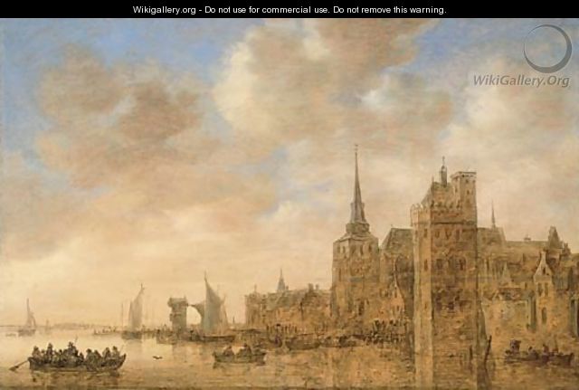 An imaginary view of Antwerp from the Scheldt, a ferry with passengers in the foreground - Jan van Goyen