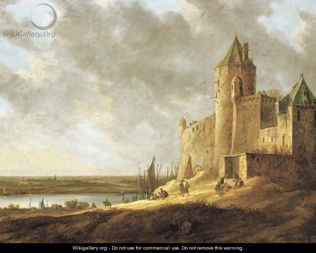 An extensive river landscape with peasants by a castle - Jan van Goyen