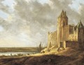 An extensive river landscape with peasants by a castle - Jan van Goyen