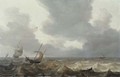 A fishing boat and a rowing boat in choppy waters, a Dutch three-master in the distance - Jan Porcellis