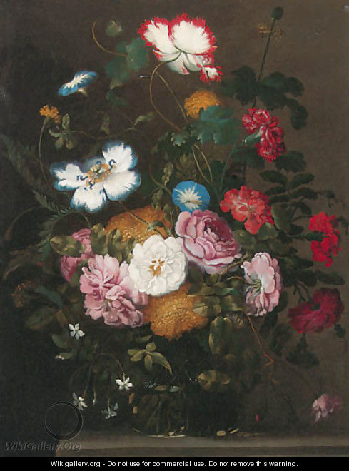 Roses, carnations, dahlias, morning glory and other flowers in a vase on a stone ledge - Jan The Elder Brueghel