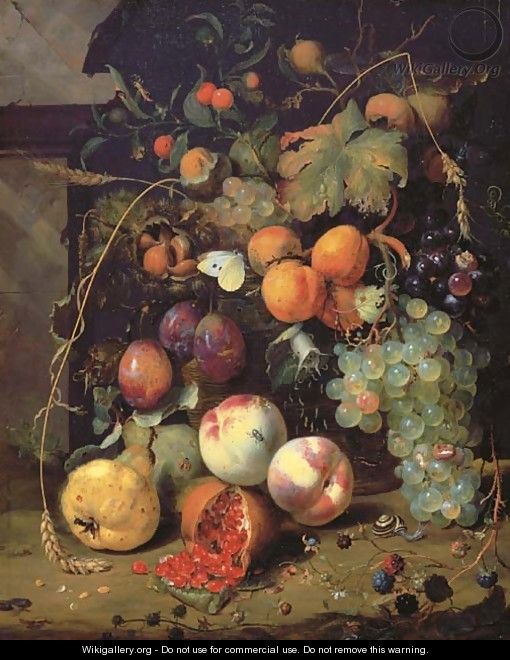Peaches, plums, apricots, grapes, pears, blackberries, sheafs of corn, chestnuts, walnuts, medlars, cherries and a pomegranate with a snail - Jan Mortel