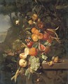 Peaches, apricots, grapes, oranges, blackberries, sheafs of corn and a pomegranate on a plinth with a sculpted relief, with butterflies - Jan Mortel