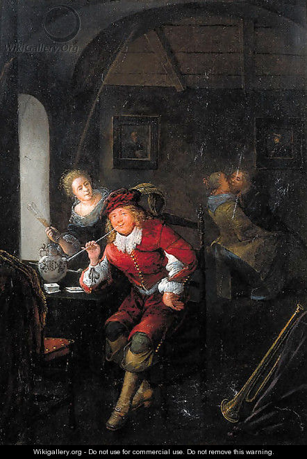 An officer smoking a pipe seated by a table in a brothel - Jan Miense Molenaer