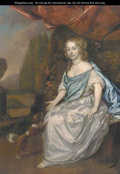 Portrait of a lady, full-length, in a white satin dress and blue wrap, seated in a garden with a spaniel nearby - Jan Mijtens
