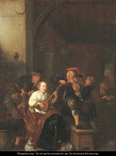 A tavern interior with a woman playing the lute, a man playing the fiddle, and boors drinking and smoking - Jan Miense Molenaer