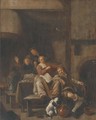 A tavern interior with a peasant woman playing the violin and other peasants singing - Jan Miense Molenaer